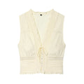 Hanger view of cream lace vest showing the V-neckline, intricate lace pattern, and front button placket