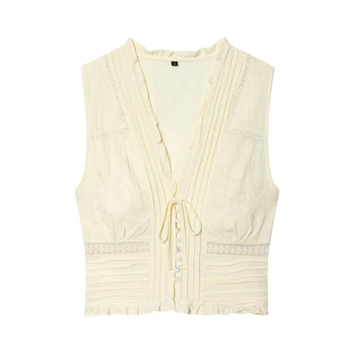 Hanger view of cream lace vest showing the V-neckline, intricate lace pattern, and front button placket