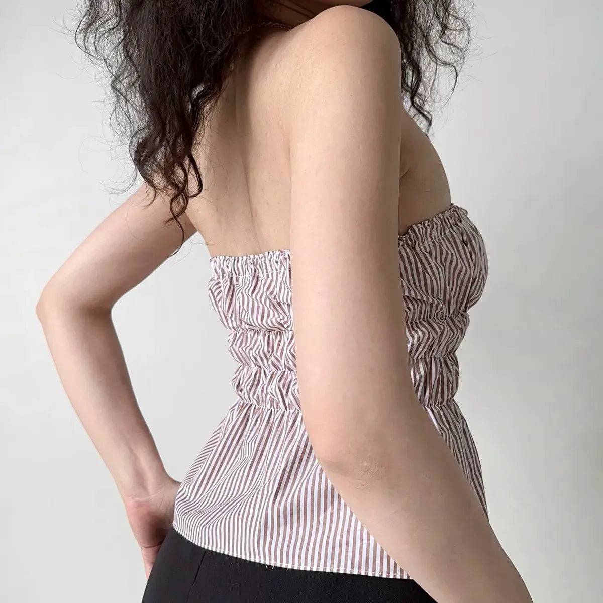 Back-side view of lavender ruched bandeau top