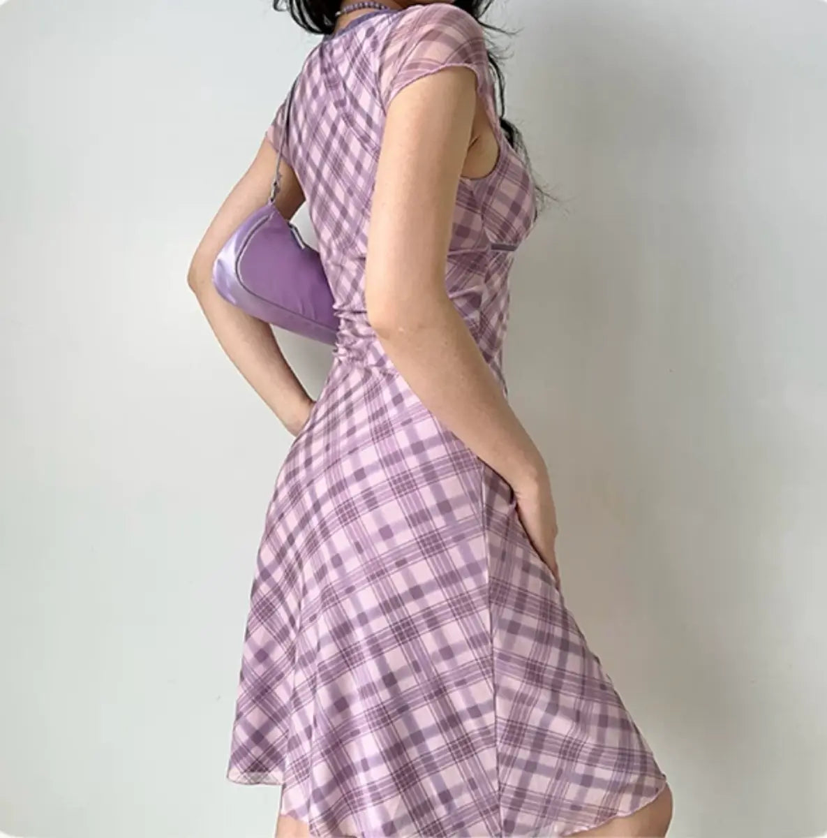 Back view of lavender plaid mesh dress