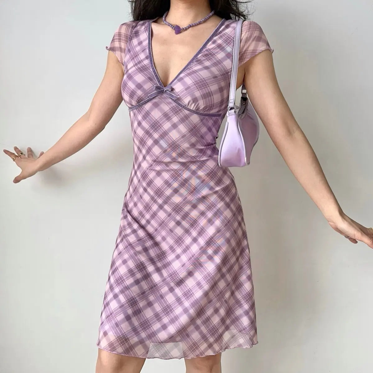Lavender pink plaid mesh midi dress with bow detail
