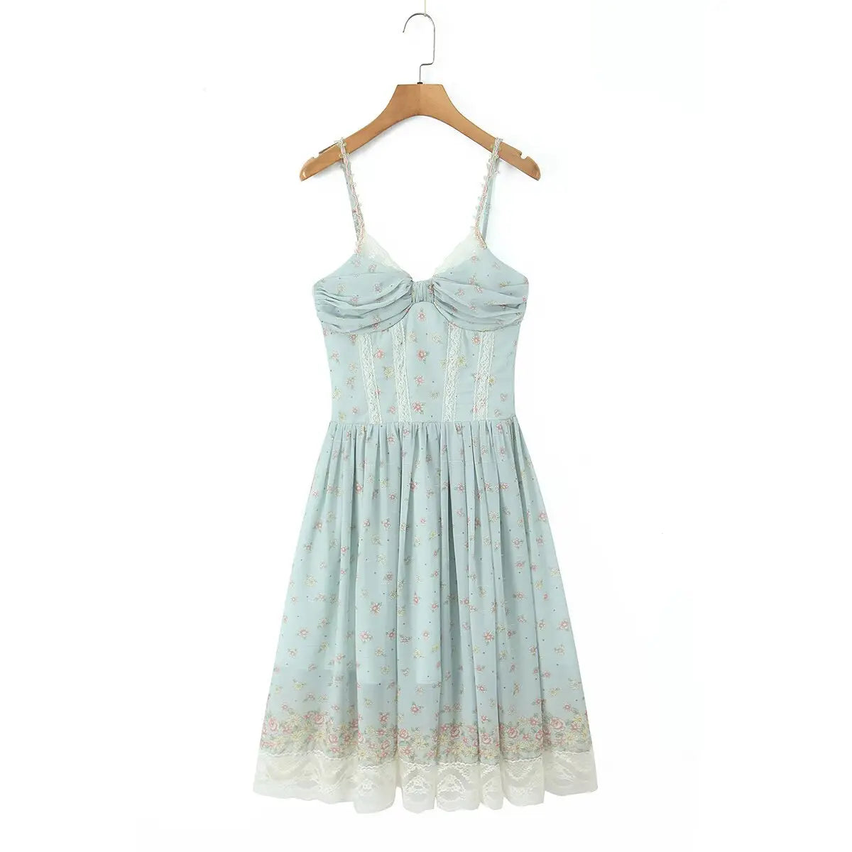 Hanger view of light blue floral print cami dress with sweetheart neckline, lace trim, and tiered skirt