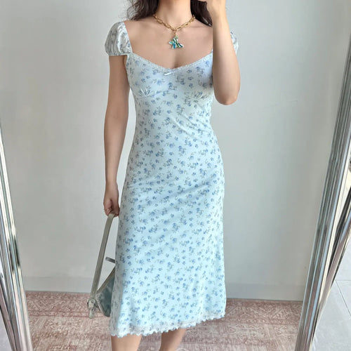 Light blue floral print midi dress with puff sleeves