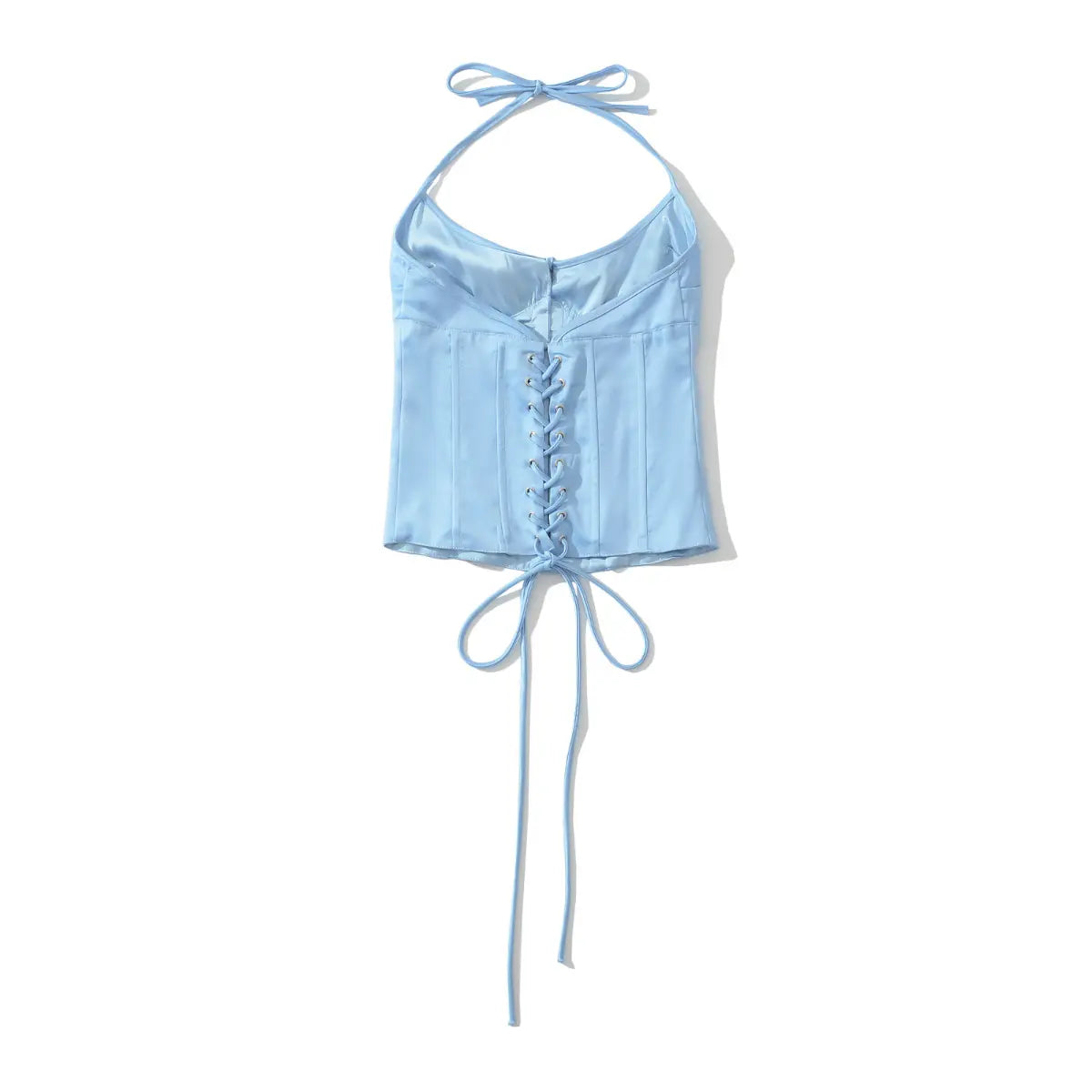 Light blue halter corset top, back view on white background
