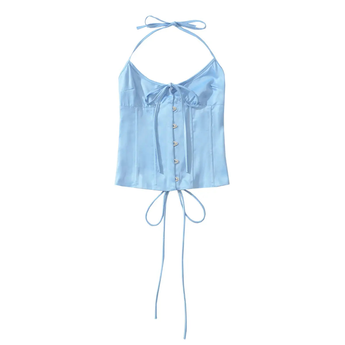 Light blue halter corset top, front detail view on white background