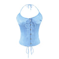 Light blue halter corset top, front view on white background