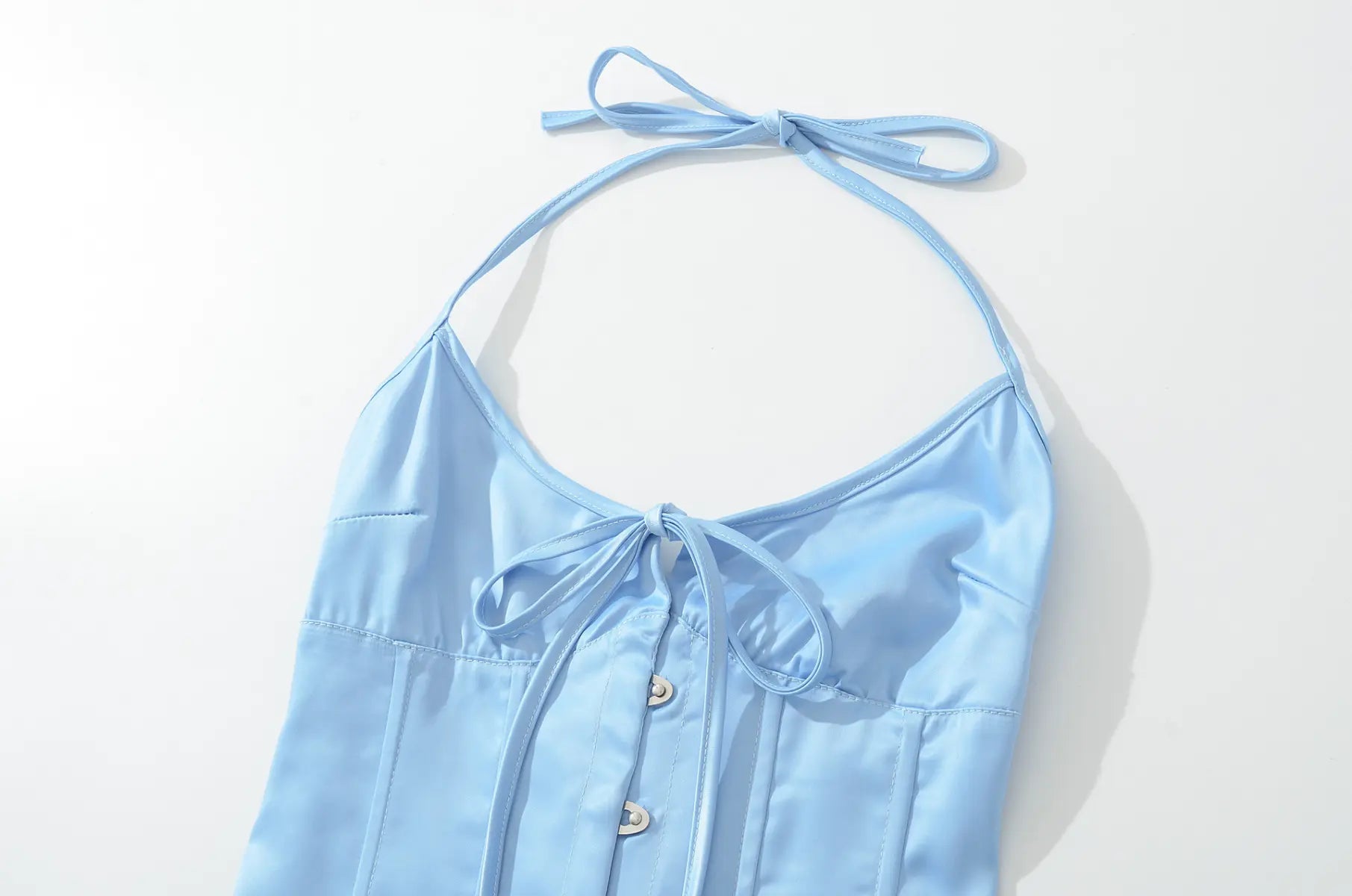 Halter strap detail of light blue halter corset top