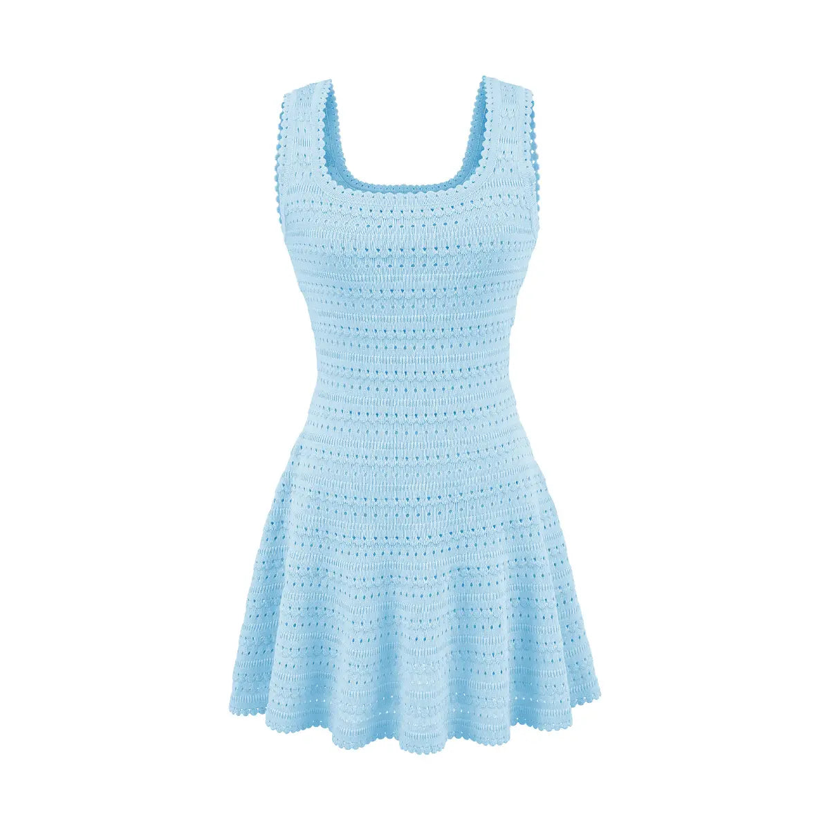 Front view of light blue hollow-out knit sleeveless dress