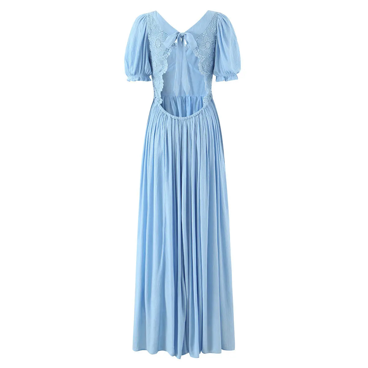 Light blue lace puff sleeve maxi dress, back view on white background