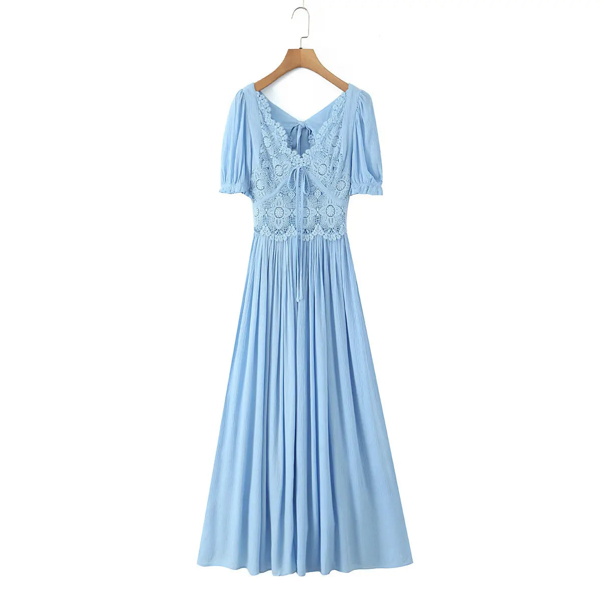 Light blue lace maxi dress hanging on wooden hanger, front view on white background