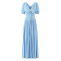 Light blue lace-trim puff sleeve maxi dress, full front view on white background