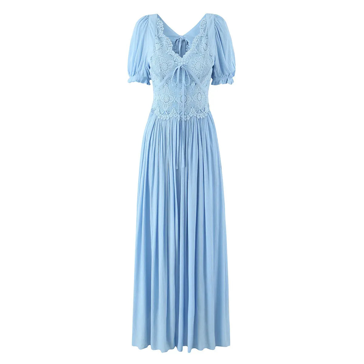 Light blue lace-trim puff sleeve maxi dress, full front view on white background