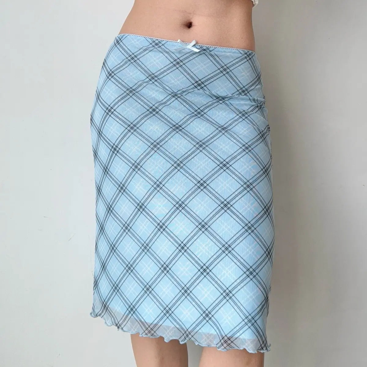 Light blue plaid mesh midi skirt with ruffled hem