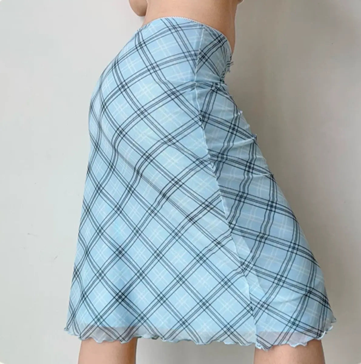 Back view of light blue plaid mesh midi skirt
