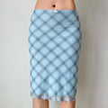 Full front view of light blue plaid midi skirt