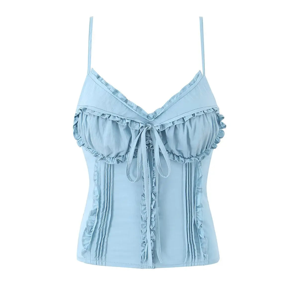Light blue ruffled cami corset top, front view on hanger