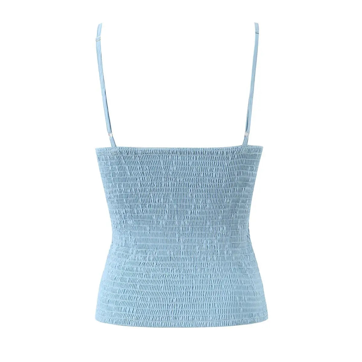 Light blue smocked-back cami top, back view on white background
