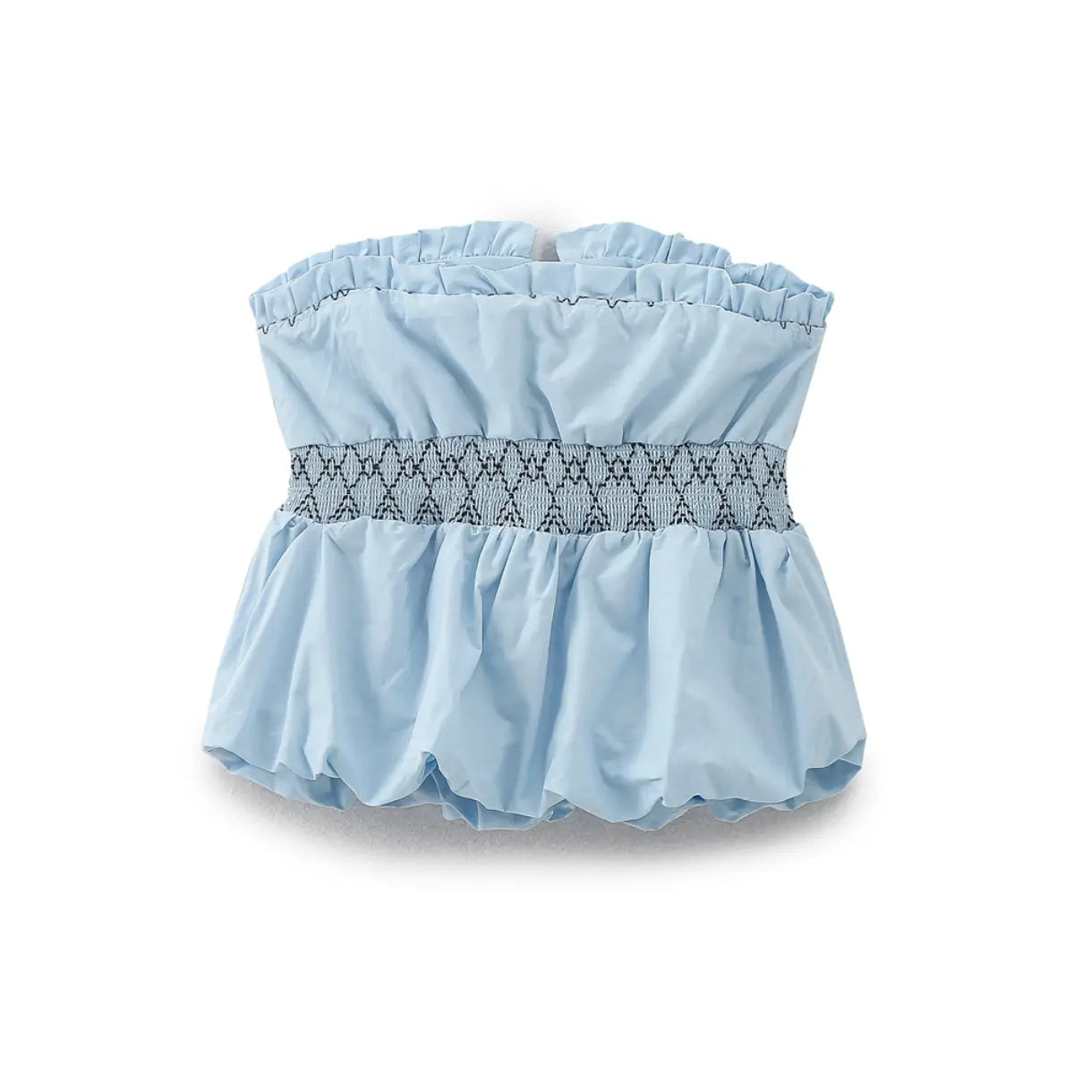 Back view of light blue smocked bandeau tube top with ruffled edge