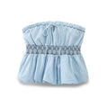 Front view of light blue smocked bandeau tube top with front tie and ruffled hem