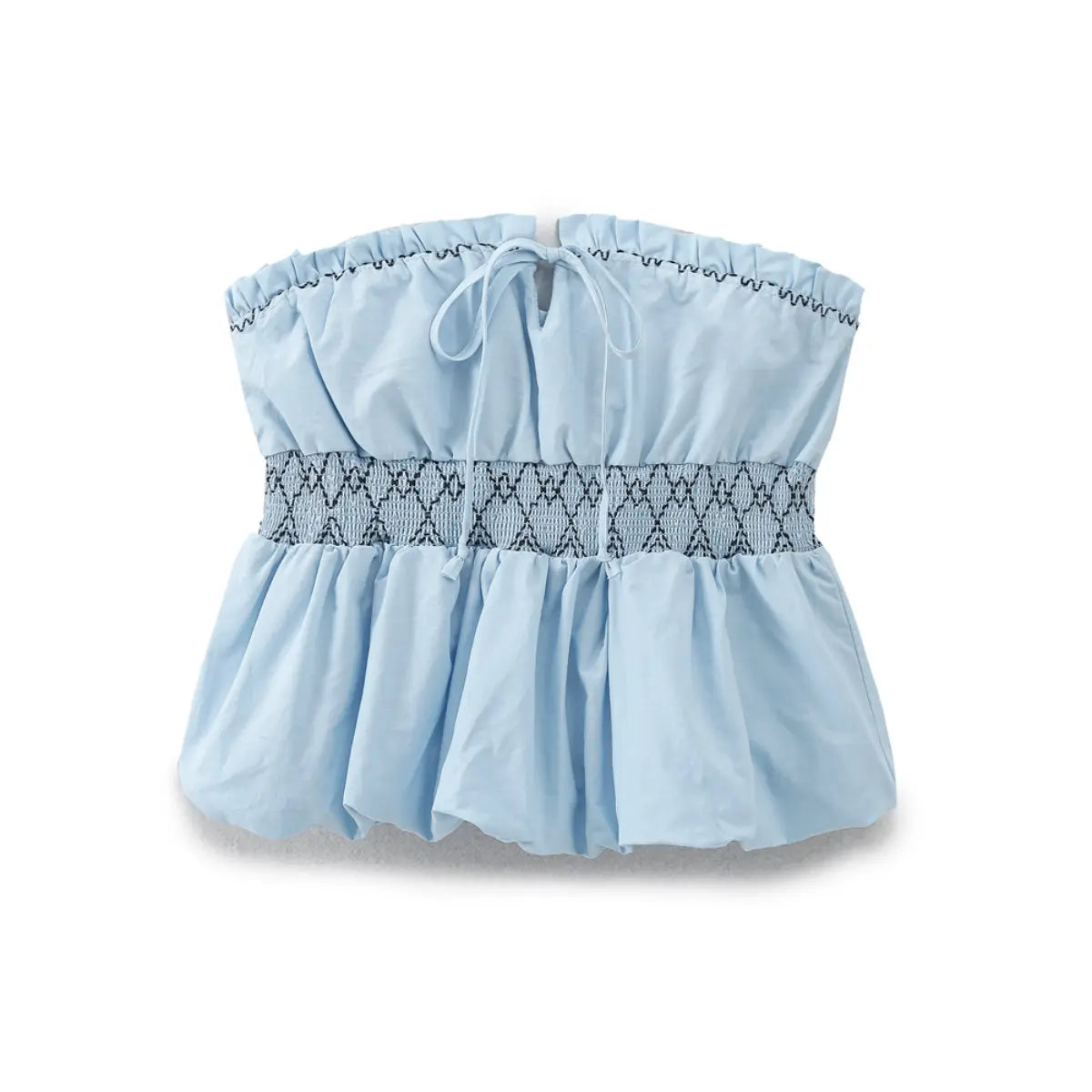 Front view of light blue smocked bandeau tube top with front tie and ruffled hem