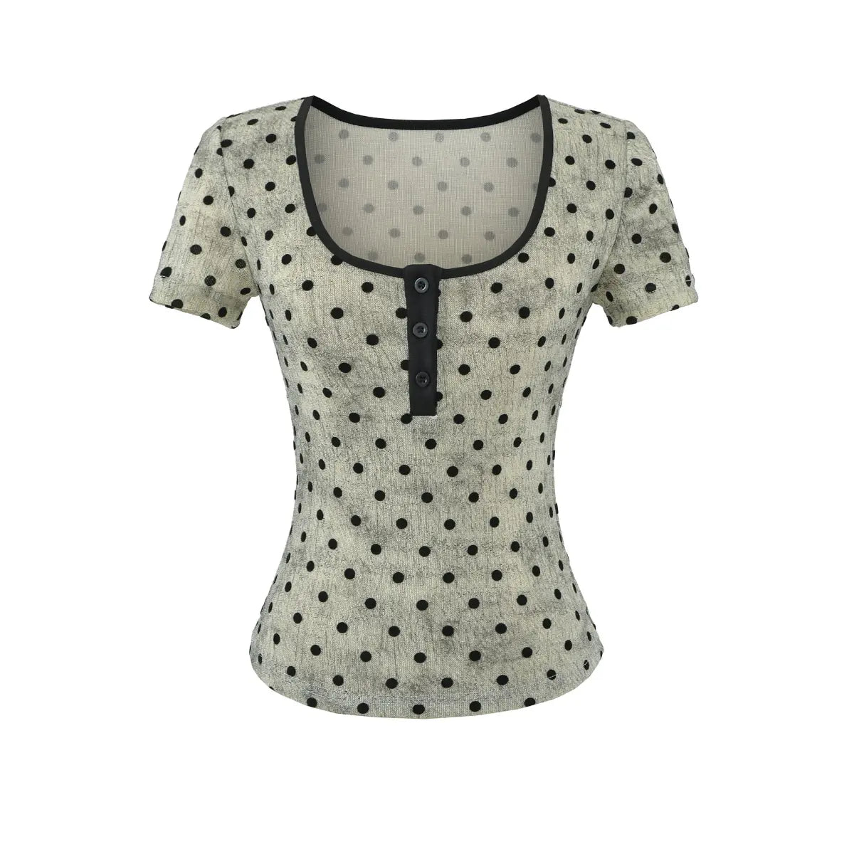 Front view of light gray polka dot Henley short sleeve top