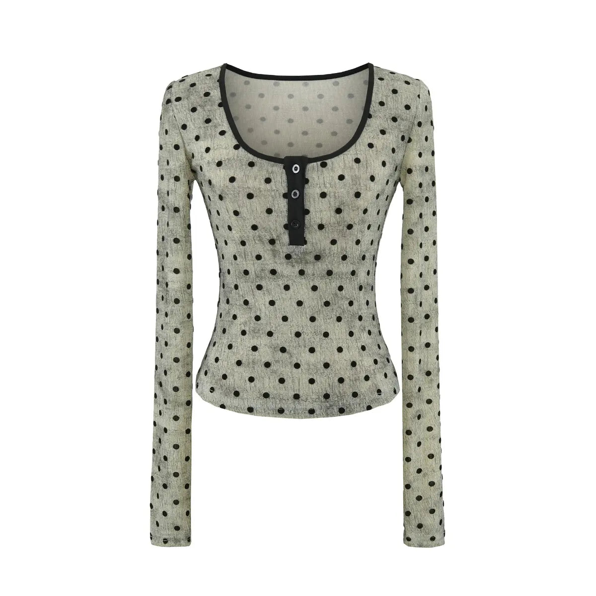 Front view of light gray polka dot Henley long sleeve top