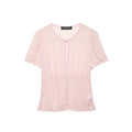 Front view of light pink puff-sleeve blouse with button-down front, keyhole cutout and smocked waist panels