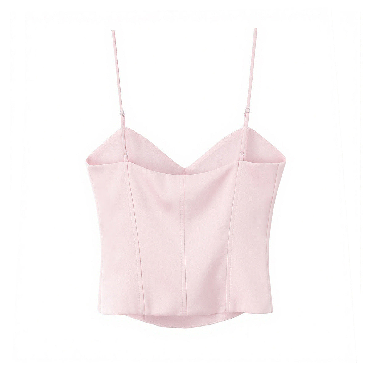 Back flat view light pink sweetheart neck adjustable thin strap vertical stitching corset style irregular hem slim crop cami vest top, elegant chic casual blouse