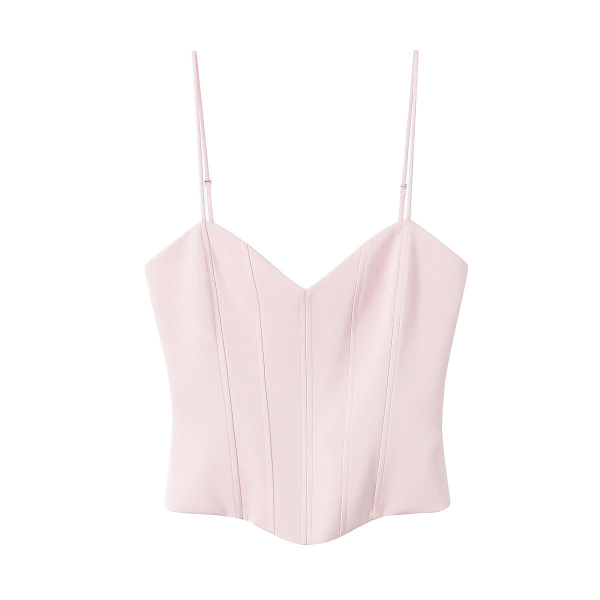 Front flat view light pink solid sweetheart neck vertical stitching corset design thin strap irregular curved hem high waist slim fit crop cami vest top, elegant chic summer casual outfit