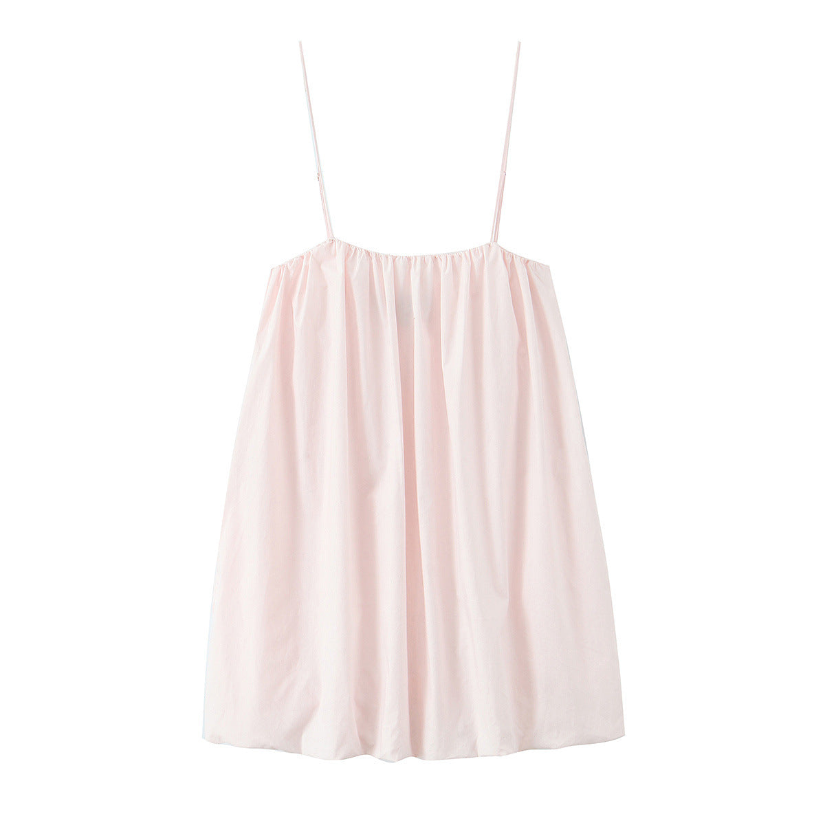 Front flat view light pink solid color thin spaghetti strap gathered neck loose a line mini slip dress, elegant casual nightwear slip dress