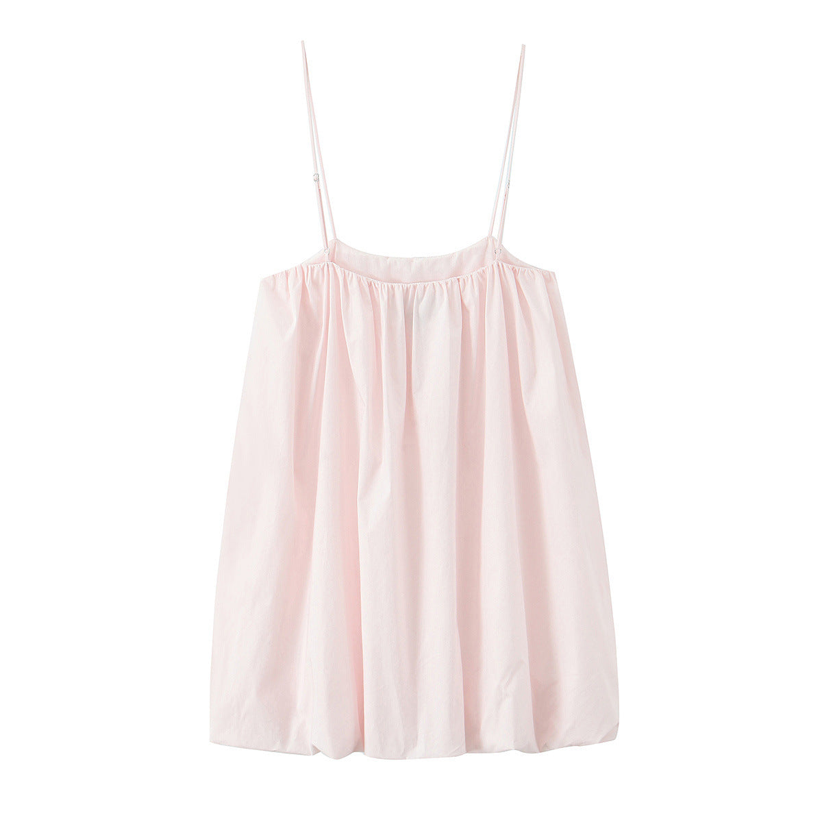 Front flat view light pink soft thin spaghetti strap elastic gathered neck loose flowy a line mini slip dress, sweet casual lounge night dress