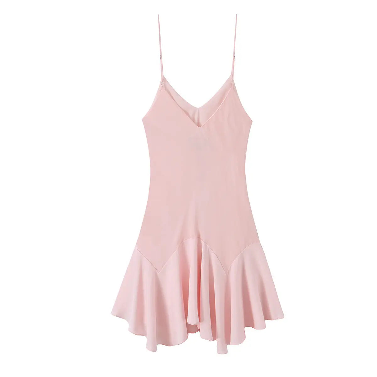 Back view of light pink V-neck slip dress with flowy asymmetric hem
