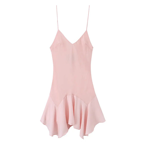 Front view of light pink V-neck slip dress with thin straps and asymmetric ruffled hem