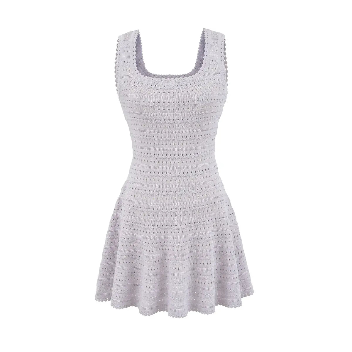 Front view of light purple hollow-out knit sleeveless dress