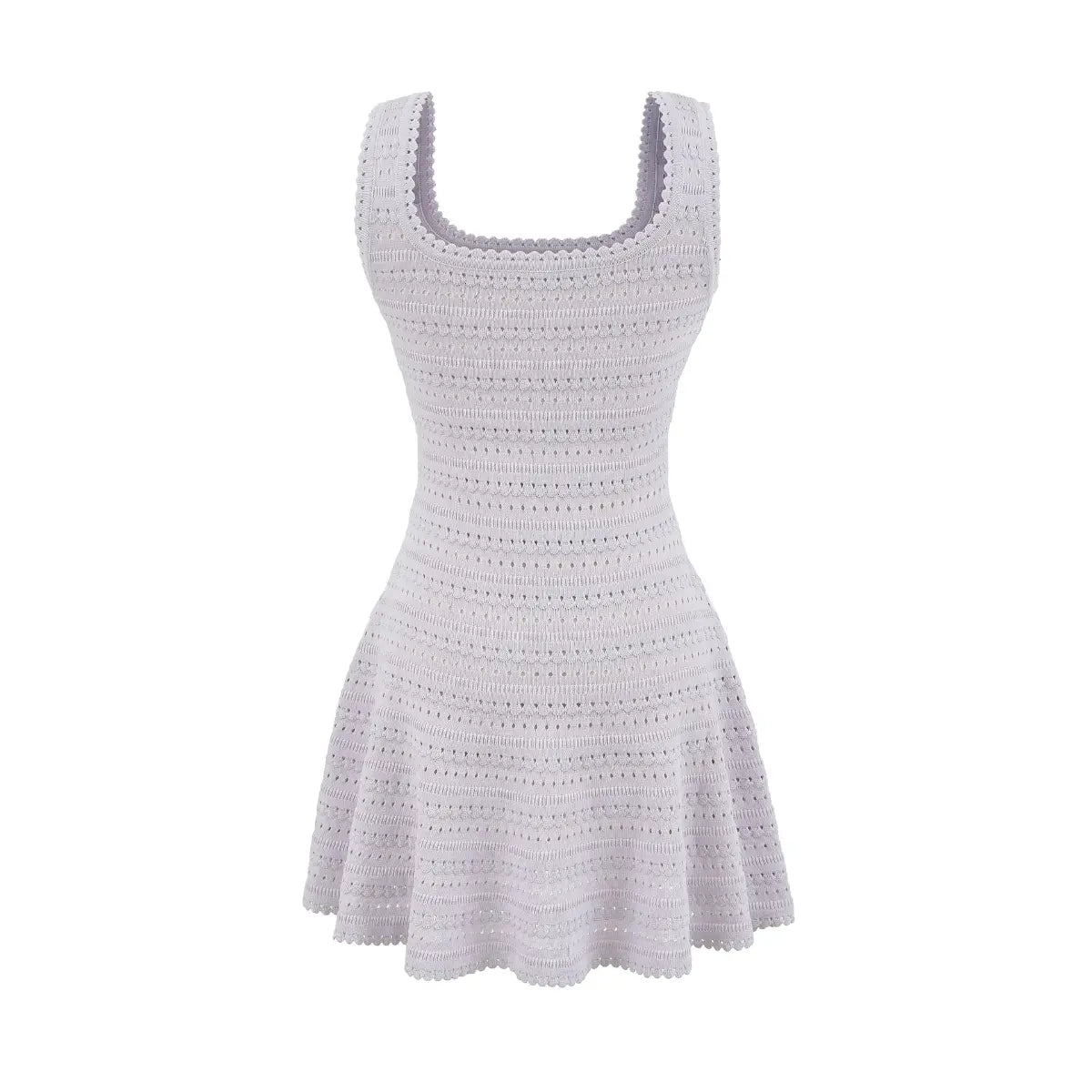 Front view of light purple hollow-out knit sleeveless dress