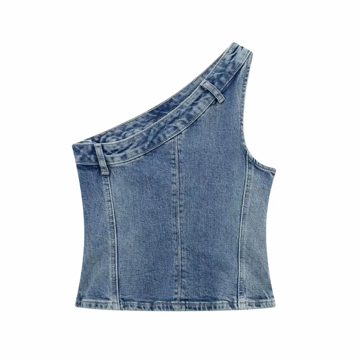 Blue denim one-shoulder top on a white background