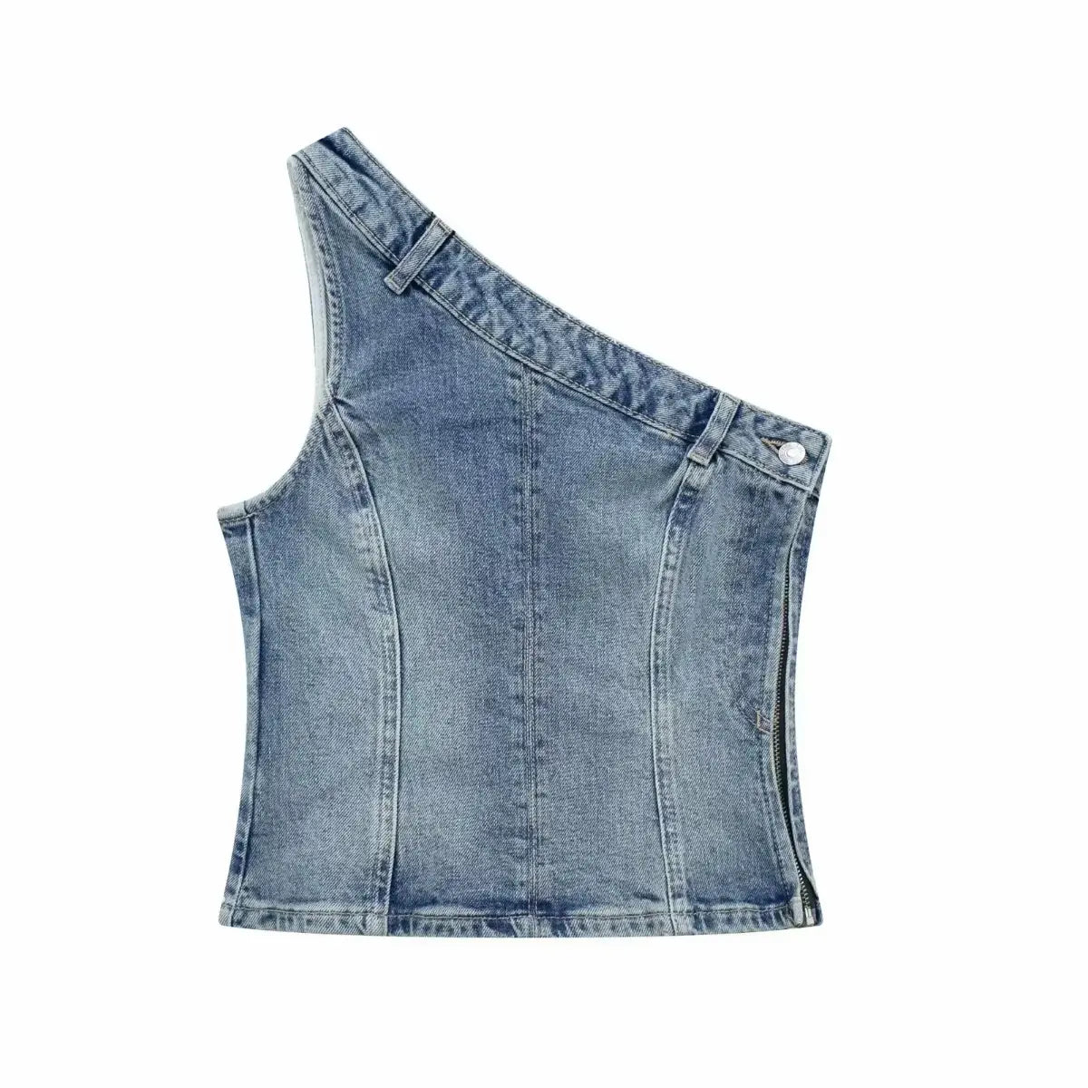 Blue denim one-shoulder top on a white background
