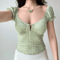 Women mint green daisy floral off shoulder tie front puff short sleeve ruffle hem crop top, square neck slim fit elegant vintage blouse