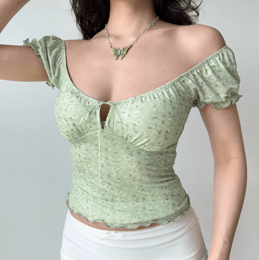 Women mint green tiny daisy floral off shoulder square neck puff sleeve crop top, tie front ruffle hem slim casual vintage blouse