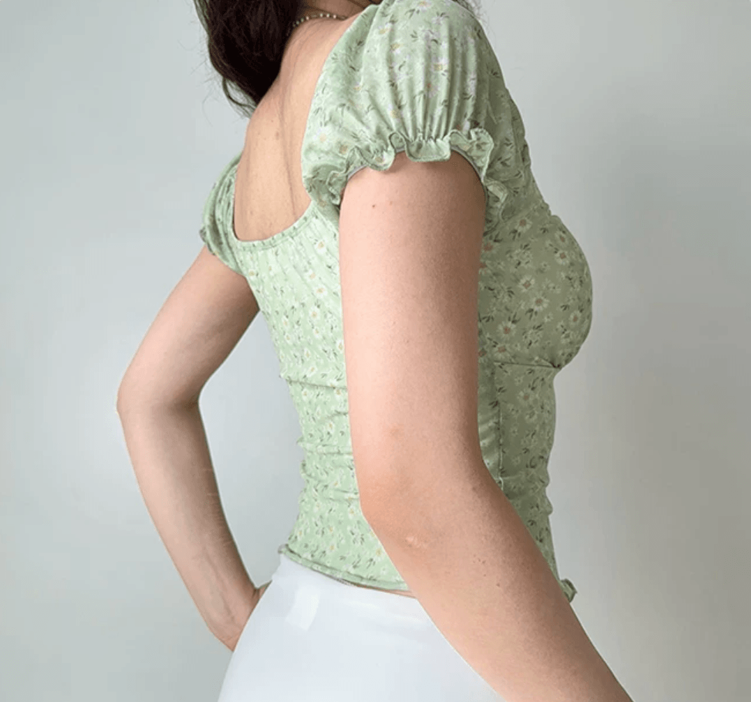 Side back view mint green floral off shoulder puff sleeve crop top, tie front ruffle hem slim elegant vintage fitted blouse