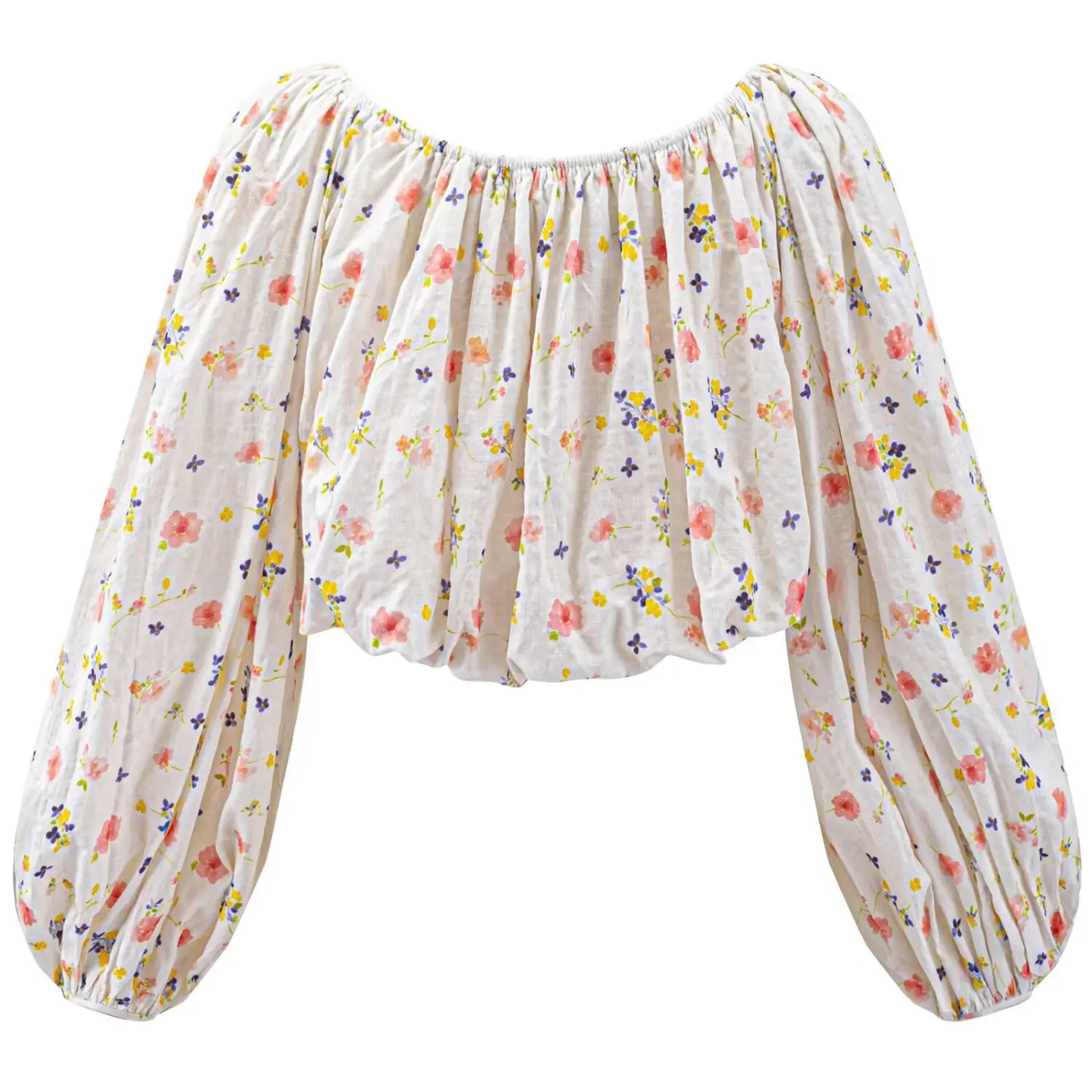 Duplicate studio front flat shot of ditsy floral elastic off shoulder bubble sleeve cropped top
