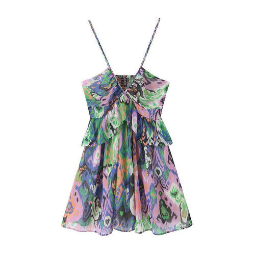Front view of multicolor paisley print cami mini dress with tiered ruffled skirt and spaghetti straps