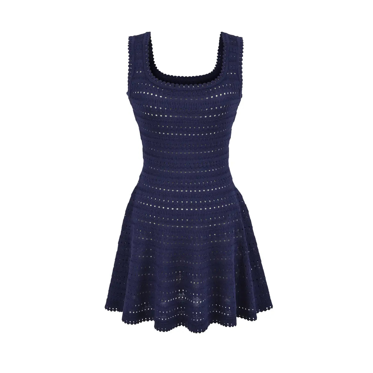 Front view of navy blue hollow-out knit sleeveless dress