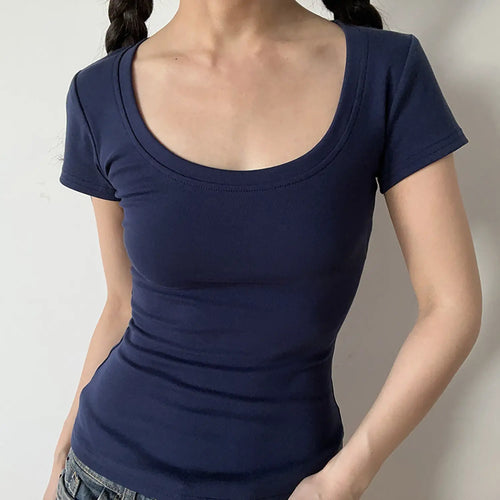 Front model shot of navy blue deep U-neck stretch ribbed fitted short sleeve basic top