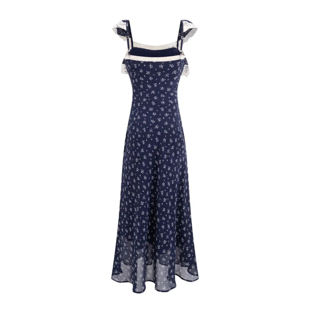 Navy ditsy floral lace-trim maxi dress, back view on white background