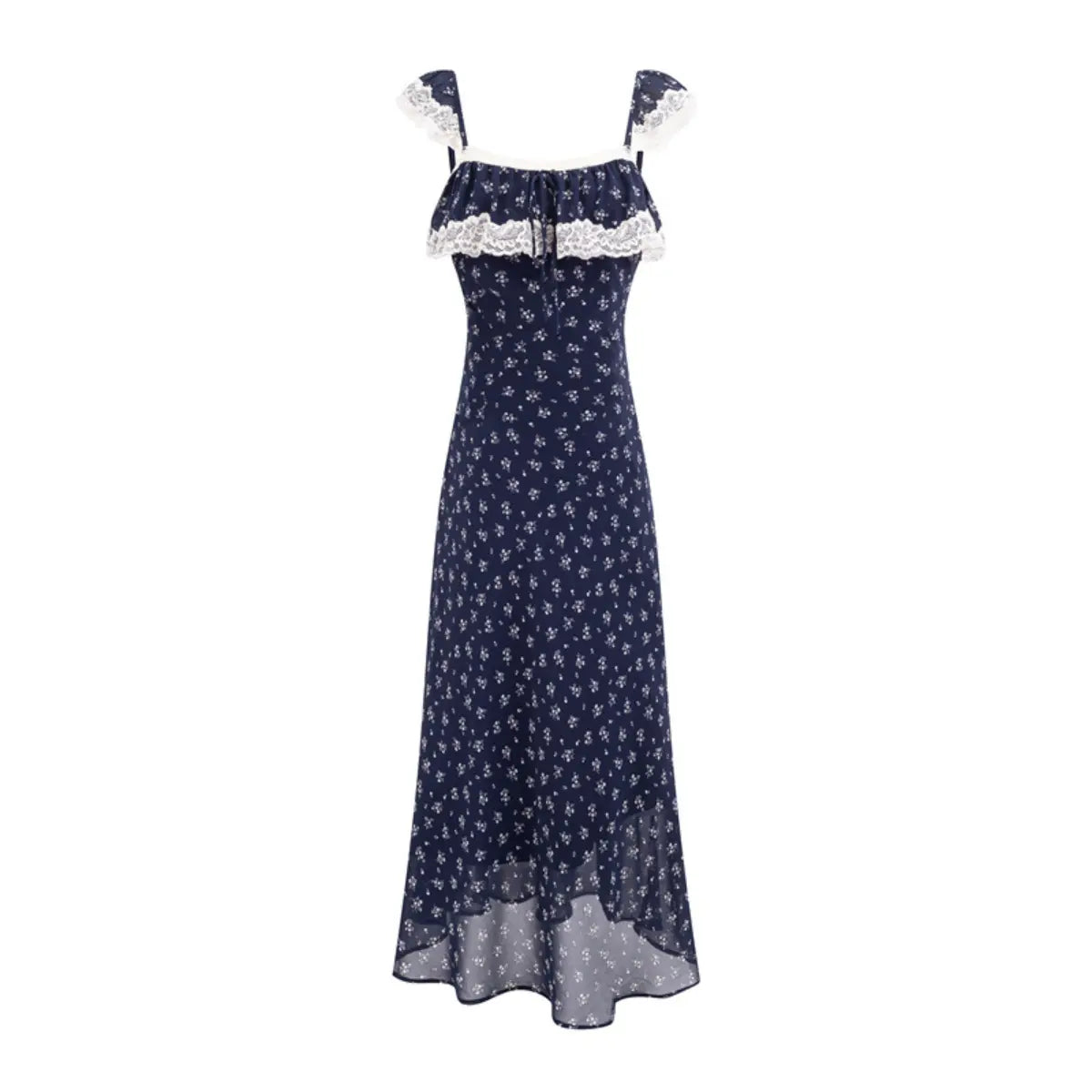 Navy ditsy floral lace-trim maxi dress, front view on white background