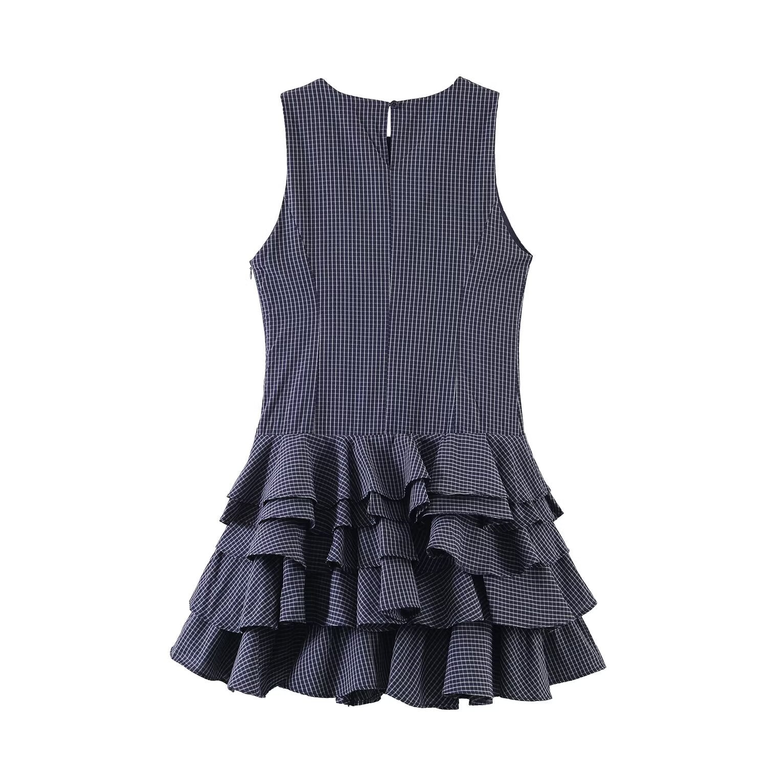 Back view of navy plaid tiered mini dress