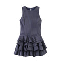 Front view of navy plaid tiered mini dress