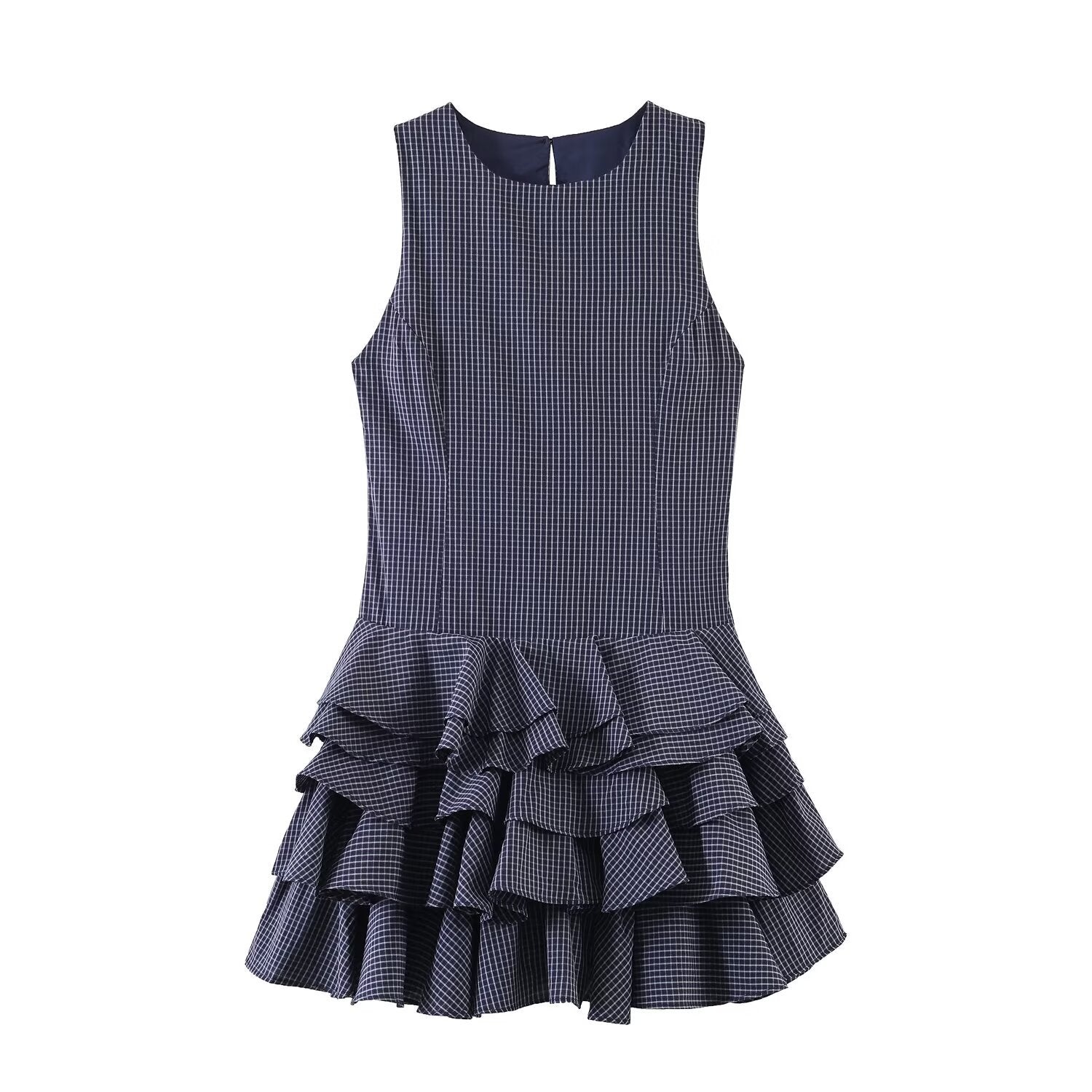 Front view of navy plaid tiered mini dress