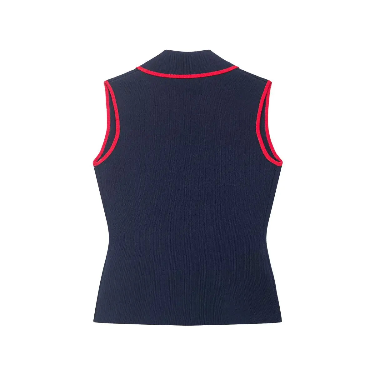 Back view of navy knit vest with red contrast piping and high neckline